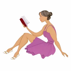 Free book club clipart of a woman reading in a lilac dress